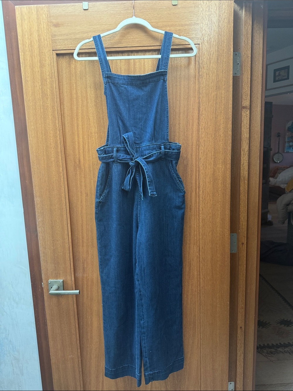 High-Rise Dark Blue Denim Women's Overalls with Tie Waist